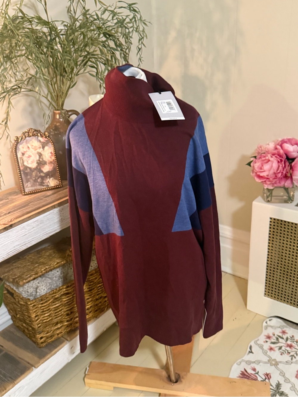 NWT LNDR Colorblock Turtleneck Sweater M/L Burgundy Blue Oversized Knit
